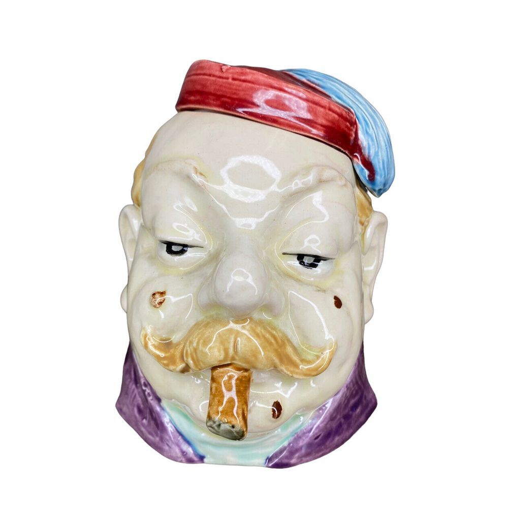 Antique Majolica Humidor Tobacco Jar Man‎ Figural Hat Tassel Fez Moustache 1880